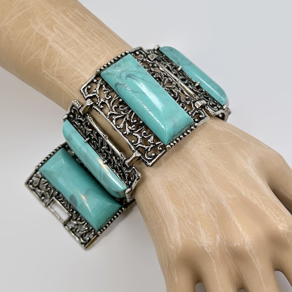Thermoset Bracelet, Wide, 50s, Faux Turquoise, Mid Century, Silver Tone, Ornate